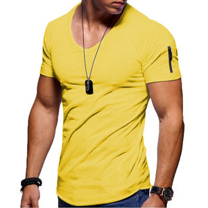 2021 New Men's V-neck T-shirt Fitness Bodybuilding T-shirt High Street Summer Short-Sleeved Zipper Casual Cotton Top