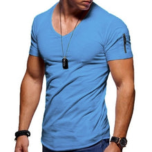 Load image into Gallery viewer, 2021 New Men&#39;s V-neck T-shirt Fitness Bodybuilding T-shirt High Street Summer Short-Sleeved Zipper Casual Cotton Top