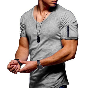 2021 New Men's V-neck T-shirt Fitness Bodybuilding T-shirt High Street Summer Short-Sleeved Zipper Casual Cotton Top