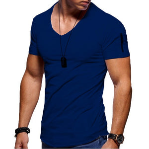 2021 New Men's V-neck T-shirt Fitness Bodybuilding T-shirt High Street Summer Short-Sleeved Zipper Casual Cotton Top