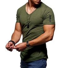 Load image into Gallery viewer, 2021 New Men&#39;s V-neck T-shirt Fitness Bodybuilding T-shirt High Street Summer Short-Sleeved Zipper Casual Cotton Top