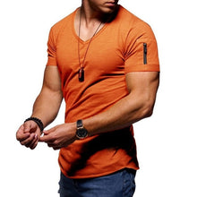 Load image into Gallery viewer, 2021 New Men&#39;s V-neck T-shirt Fitness Bodybuilding T-shirt High Street Summer Short-Sleeved Zipper Casual Cotton Top