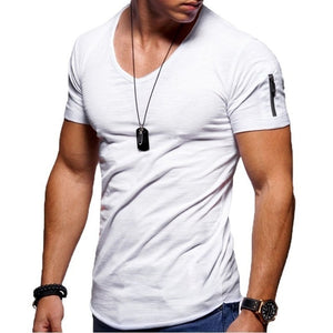 2021 New Men's V-neck T-shirt Fitness Bodybuilding T-shirt High Street Summer Short-Sleeved Zipper Casual Cotton Top