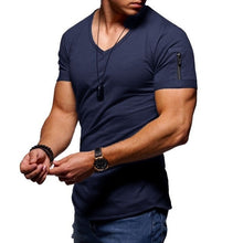 Load image into Gallery viewer, 2021 New Men&#39;s V-neck T-shirt Fitness Bodybuilding T-shirt High Street Summer Short-Sleeved Zipper Casual Cotton Top