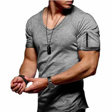 Load image into Gallery viewer, 2021 New Men&#39;s V-neck T-shirt Fitness Bodybuilding T-shirt High Street Summer Short-Sleeved Zipper Casual Cotton Top