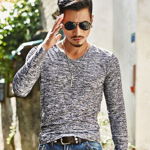 2021 Men Casual T Shirts Long Sleeve Print Tops V neck Slim Tees Shirt Summer Mens Clothing Fashion Tshirt Oversized Undetshirts