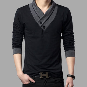 2021 Fashion Brand Trend Slim Fit Long Sleeve T Shirt Men Patchwork Collar Tee V-Neck Men T-Shirt Cotton T Shirts Plus Size 5XL