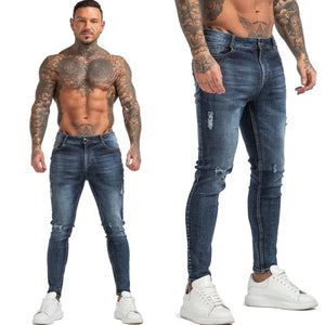 GINGTTO Jeans Men Elastic Waist Skinny Jeans Men 2020 Stretch Ripped Pants Streetwear Mens Denim Jeans Blue