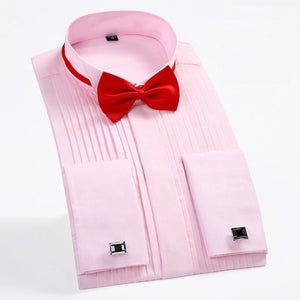 Men's Tuxedo Shirts with French Cuffs and Bow Tie 1/4" Pleats Long Sleeve White Wedding Cocktail Prom Party Evening Dress Shirt
