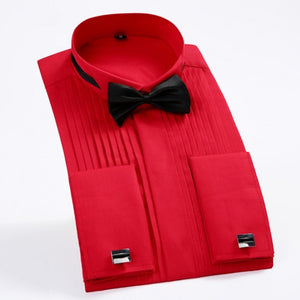 Men's Tuxedo Shirts with French Cuffs and Bow Tie 1/4" Pleats Long Sleeve White Wedding Cocktail Prom Party Evening Dress Shirt