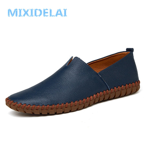 MIXIDELAI Genuine Cow leather Mens Loafers Fashion Handmade Moccasins Soft Leather Blue Slip On Men's Boat Shoe PLUS SIZE 38~48