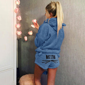 Women Coral Velvet Suit Two Piece Autumn Winter Pajamas Warm Sleepwear Cute Cat Meow Pattern Hoodies Shorts Set VANGULL 2018 New