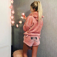 Load image into Gallery viewer, Women Coral Velvet Suit Two Piece Autumn Winter Pajamas Warm Sleepwear Cute Cat Meow Pattern Hoodies Shorts Set VANGULL 2018 New