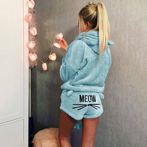 Women Coral Velvet Suit Two Piece Autumn Winter Pajamas Warm Sleepwear Cute Cat Meow Pattern Hoodies Shorts Set VANGULL 2018 New