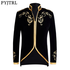 PYJTRL British Style Palace Prince Fashion Black Velvet Gold Embroidery Blazer Wedding Groom Slim Fit Suit Jacket Singers Coat