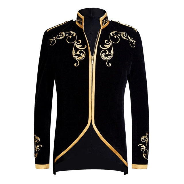 PYJTRL British Style Palace Prince Fashion Black Velvet Gold Embroidery Blazer Wedding Groom Slim Fit Suit Jacket Singers Coat