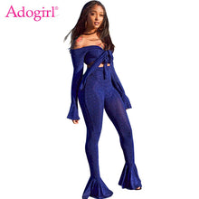 Load image into Gallery viewer, Adogirl Shining Silver Wire Two Piece Set Tie Bow Off Shoulder Long Bell Sleeve Crop Top Skinny Flare Pants High Stretchy Outfit