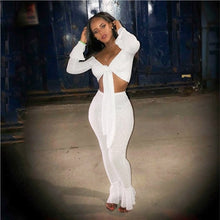 Load image into Gallery viewer, Adogirl Shining Silver Wire Two Piece Set Tie Bow Off Shoulder Long Bell Sleeve Crop Top Skinny Flare Pants High Stretchy Outfit