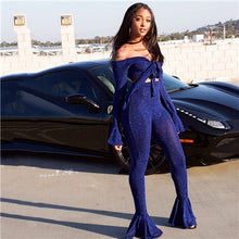 Load image into Gallery viewer, Adogirl Shining Silver Wire Two Piece Set Tie Bow Off Shoulder Long Bell Sleeve Crop Top Skinny Flare Pants High Stretchy Outfit