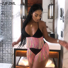 Load image into Gallery viewer, ZJFZML Colorful Tassels Summer Two Piece Set Women Halter V Neck Backless Crop Top+Purple High Wiast Short Sexy 2 Piece Outfits