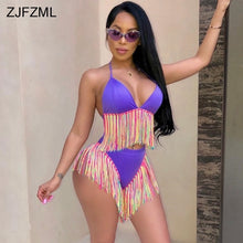 Load image into Gallery viewer, ZJFZML Colorful Tassels Summer Two Piece Set Women Halter V Neck Backless Crop Top+Purple High Wiast Short Sexy 2 Piece Outfits