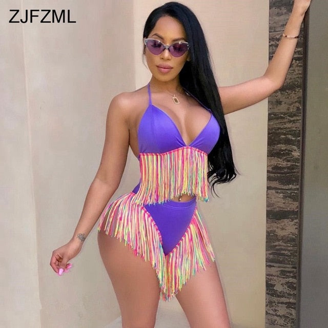 ZJFZML Colorful Tassels Summer Two Piece Set Women Halter V Neck Backless Crop Top+Purple High Wiast Short Sexy 2 Piece Outfits