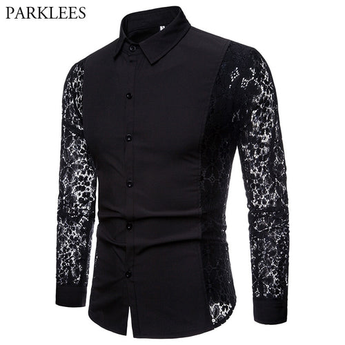 Black Lace Shirt Men 2018 Autumn New Slim Fit Long Sleeve Mens Dress Shirts Nightclub Prom Marriage Shirt Camisas Masculina XXL