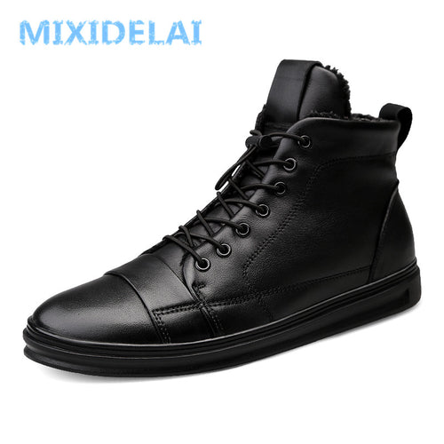 New Big Size Men Shoes High Quality Genuine Leather Men Ankle Boots Fashion Black Shoes Winter Men Boots Warm Shoes With Fur