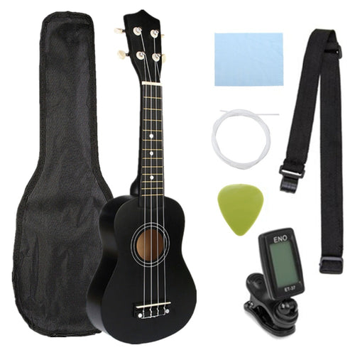 Ukulele Combo 21 Ukulele Black Soprano 4 Strings Uke Hawaii Bass Stringed Musical Instrument Set Kits+Tuner+String+Strap+Bag