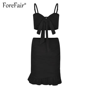 Forefair Red 2 Piece Set Women Summer Skirt Suits Sexy Backless Bow Knot Camisole Vest Bra Crop Top And Ruffles Hem Skirt Sets
