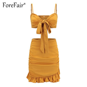 Forefair Red 2 Piece Set Women Summer Skirt Suits Sexy Backless Bow Knot Camisole Vest Bra Crop Top And Ruffles Hem Skirt Sets