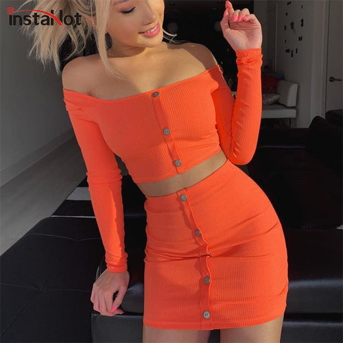 InstaHot Orange Knitted Off Shoulder 2 Piece Set Women Spring Summer Button Skinny Slash Neck Crop Tops Sexy Mini Skirts Elastic