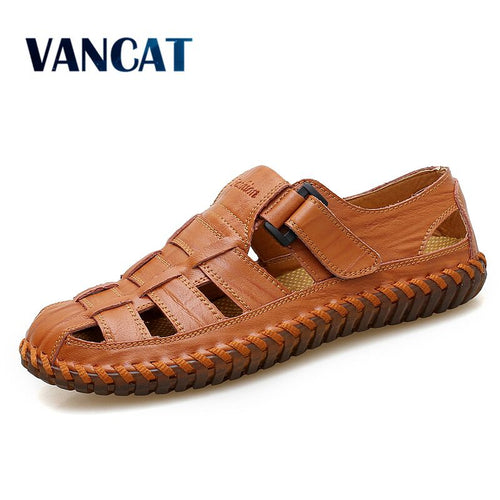 VANCAT New Summer Men Sandals 2019 Leisure Beach Men Shoes High Quality Genuine Leather Sandals The Men's Sandals Big size 39-47