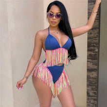 Load image into Gallery viewer, ZJFZML Colorful Tassels Summer Two Piece Set Women Halter V Neck Backless Crop Top+Purple High Wiast Short Sexy 2 Piece Outfits