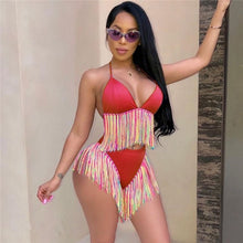 Load image into Gallery viewer, ZJFZML Colorful Tassels Summer Two Piece Set Women Halter V Neck Backless Crop Top+Purple High Wiast Short Sexy 2 Piece Outfits