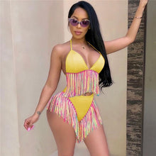 Load image into Gallery viewer, ZJFZML Colorful Tassels Summer Two Piece Set Women Halter V Neck Backless Crop Top+Purple High Wiast Short Sexy 2 Piece Outfits