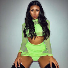 Load image into Gallery viewer, BKLD 2019 Fashion Neon Green Women Sets Long Sleeve See-through Crop Tops With Mini Skirt Bodycon 2 Two Pieces Sexy Club Outfits