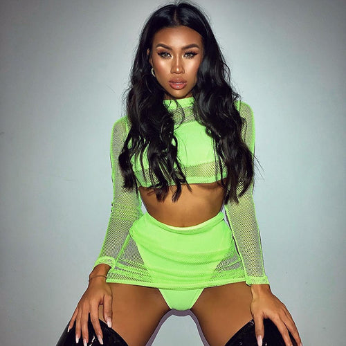 BKLD 2019 Fashion Neon Green Women Sets Long Sleeve See-through Crop Tops With Mini Skirt Bodycon 2 Two Pieces Sexy Club Outfits