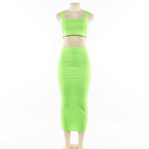 BKLD Fashion Neon Orange Green 2 Two Piece Sets 2019 Summer Sexy Club Women Sleeveless Short Tank Tops And High Waist Maxi Skirt