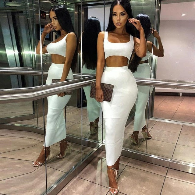 BKLD Fashion Neon Orange Green 2 Two Piece Sets 2019 Summer Sexy Club Women Sleeveless Short Tank Tops And High Waist Maxi Skirt