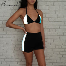 Load image into Gallery viewer, Simenual Casual Fashion Women Two Pieces Set Reflective Sexy Patchwork Tracksuits Summer Hot Bralette And Shorts Sets Fitness