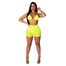 Load image into Gallery viewer, Adogirl Sheer Mesh Diamonds Night Club Two Piece Set Women Fashion Sexy Tankini Swimwear Bra Top + Summer Shorts Party Outfits