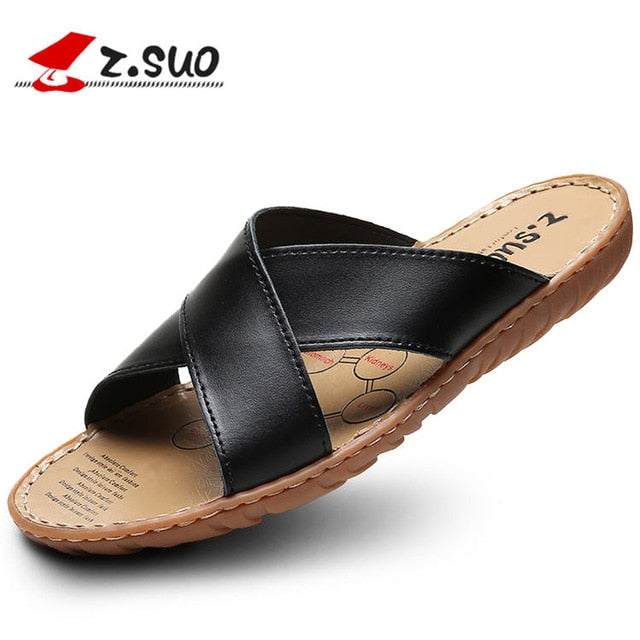 ZSUO Brand 2019 Summer Men Slippers Genuine Leather Cross Strap Beach Water Shoes Men High Quality Brown Slides Big Size:38-47