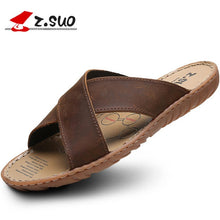 Load image into Gallery viewer, ZSUO Brand 2019 Summer Men Slippers Genuine Leather Cross Strap Beach Water Shoes Men High Quality Brown Slides Big Size:38-47