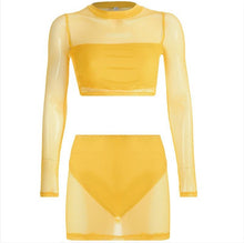 Load image into Gallery viewer, BKLD 2019 Fashion Neon Green Women Sets Long Sleeve See-through Crop Tops With Mini Skirt Bodycon 2 Two Pieces Sexy Club Outfits