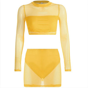 BKLD 2019 Fashion Neon Green Women Sets Long Sleeve See-through Crop Tops With Mini Skirt Bodycon 2 Two Pieces Sexy Club Outfits