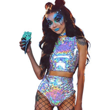 Load image into Gallery viewer, Festival Queen Holographic Crop Top and Hot Shorts Women 2 Piece Sets Sexy Lace Up Festival Party Rave Clothing Two Piece Set