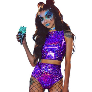 Festival Queen Holographic Crop Top and Hot Shorts Women 2 Piece Sets Sexy Lace Up Festival Party Rave Clothing Two Piece Set