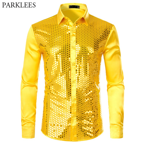 Men's Luxury Sequin Dress Shirts Long Sleeve Silk Satin Shiny Disco Party Shirt Men Chemise Stage Dance Nightclub Prom Costume