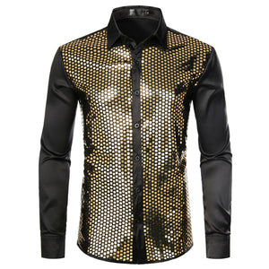 Men's Luxury Sequin Dress Shirts Long Sleeve Silk Satin Shiny Disco Party Shirt Men Chemise Stage Dance Nightclub Prom Costume